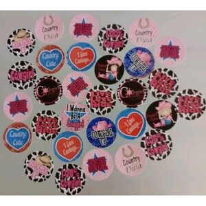 1" Card Stock Craft Circles Cowgirl Theme Bottle Caps 34 Count New #7